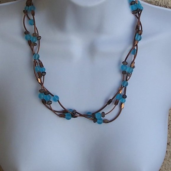 Handmade Multi Strand Necklace With Blue Glass Beads & Copper Coated Tube Beads - Picture 4 of 5